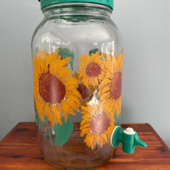Vintage Sunflowers Iced Tea Glass Pitcher Jar Sun Tea Lid & Spout 1 Gallon - Picture 2 of 13